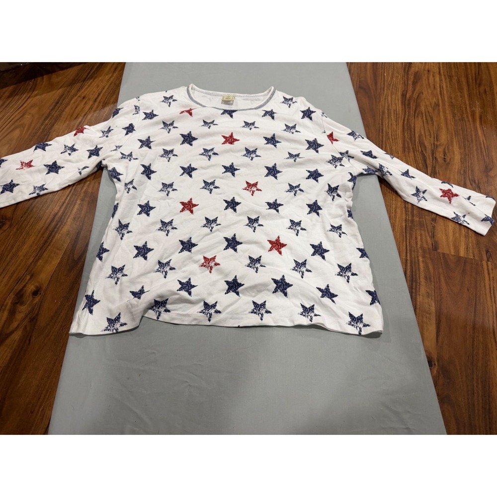 Americana Womens Jess & Jane Star Print Long Sleeve Top 1X White Red Blue